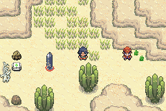 Nyx beside a blue stone marker in a sandy area with cacti