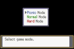 Pokémon Odyssey difficulty selection showing Picnic, Normal, and Hard modes